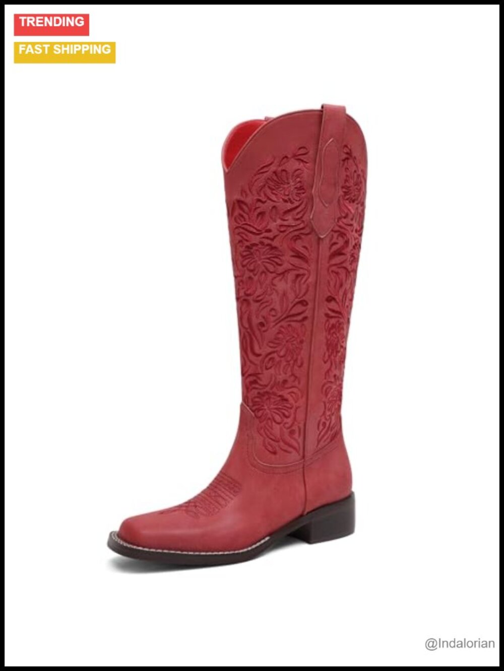 Embroidered Cowboy Boots Knee High Western Pull On Square Toe Low Heel
